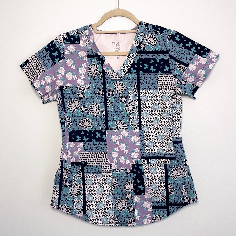 Nurse Scrubs Blouse Top Aqua Blue Floral Stretch Cotton Uniform with Pockets